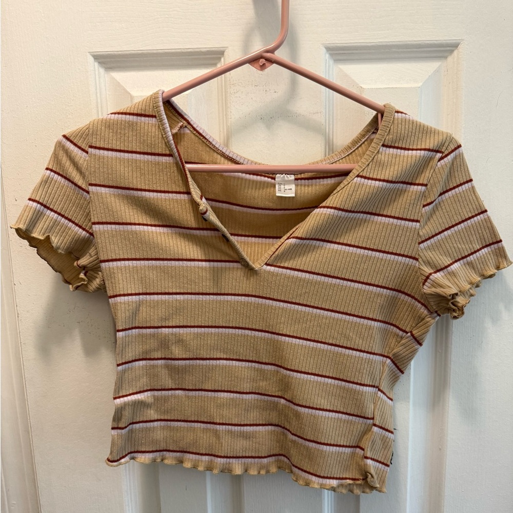 Beige and Red Striped Ribbed Top